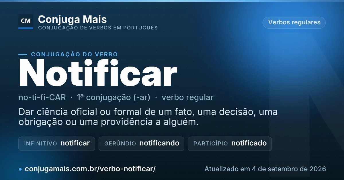 Cartão do verbo notificar com definição, formas principais, endereço da página e data de atualização.