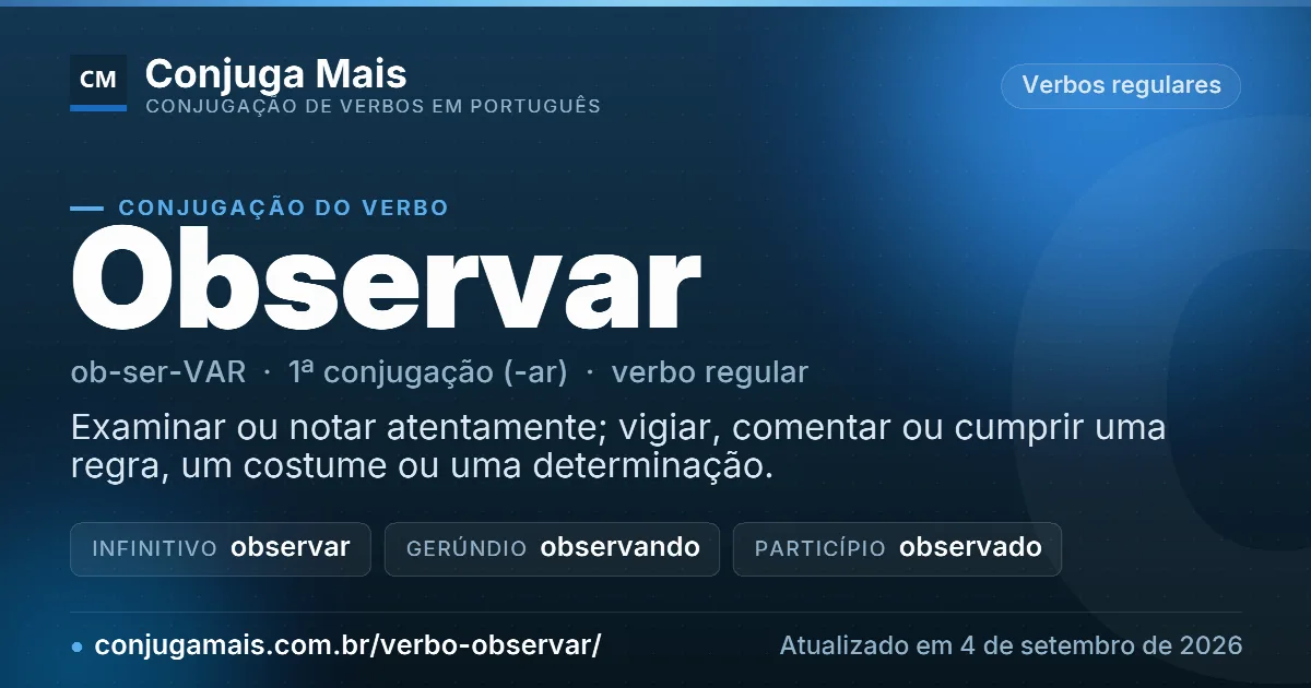 Cartão do verbo observar com definição, formas principais, endereço da página e data de atualização.