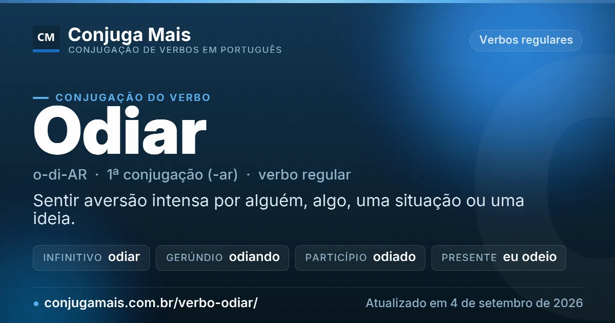 Cartão do verbo odiar com definição, formas principais, endereço da página e data de atualização.