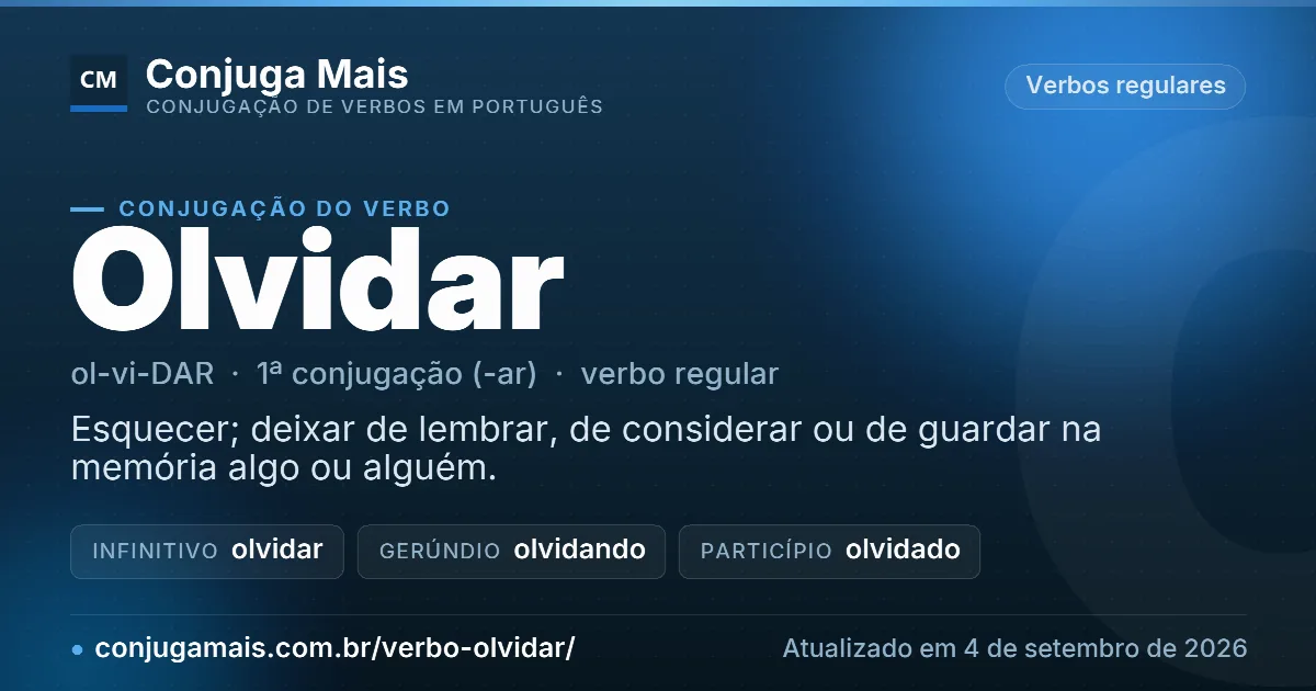 Cartão do verbo olvidar com definição, formas principais, endereço da página e data de atualização.