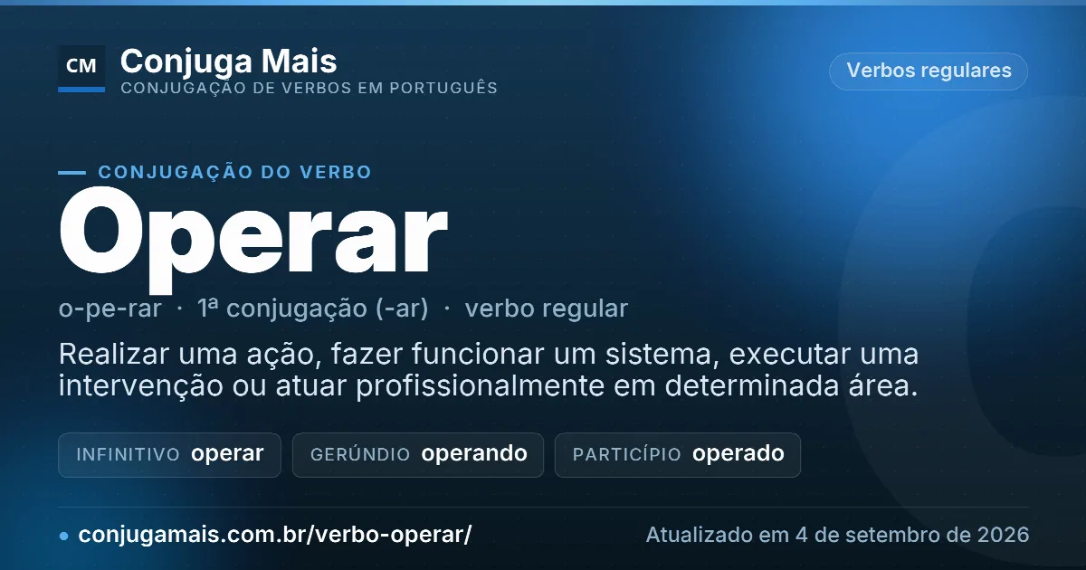 Cartão do verbo operar com definição, formas principais, endereço da página e data de atualização.