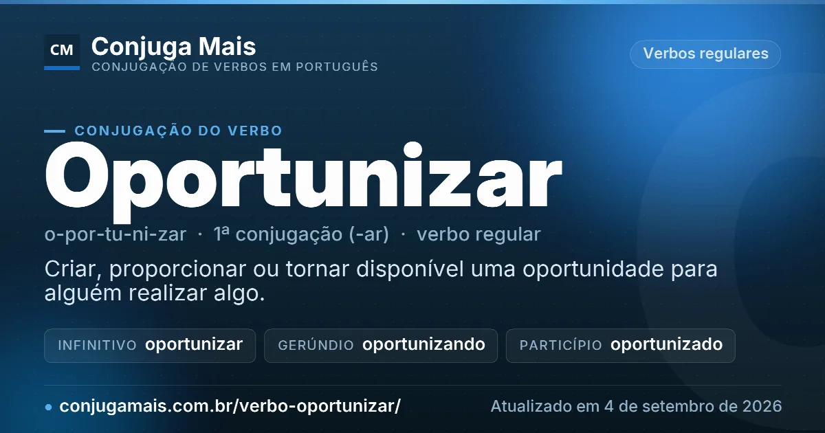 Cartão do verbo oportunizar com definição, formas principais, endereço da página e data de atualização.