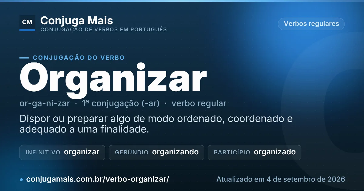 Cartão do verbo organizar com definição, formas principais, endereço da página e data de atualização.