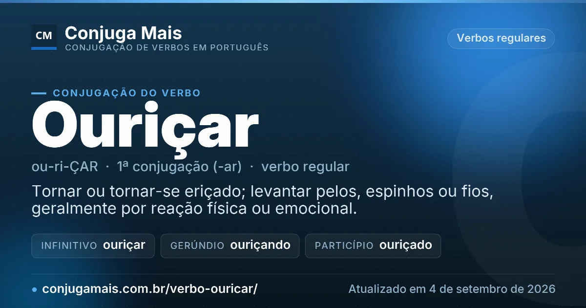 Cartão do verbo ouriçar com definição, formas principais, endereço da página e data de atualização.