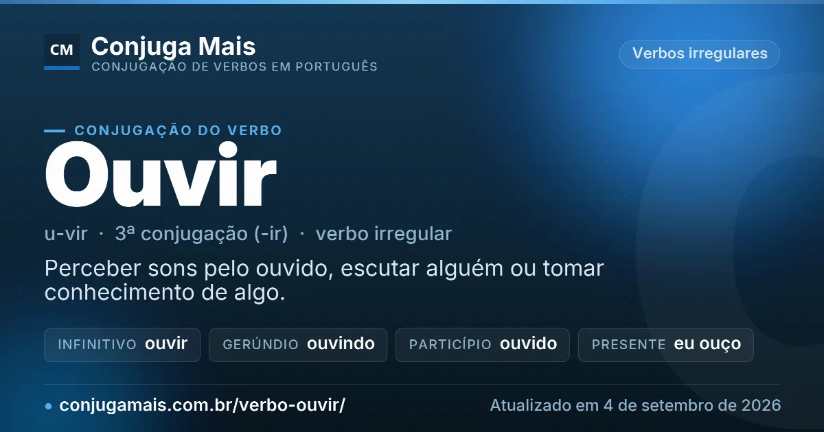 Cartão do verbo ouvir com definição, formas principais, endereço da página e data de atualização.