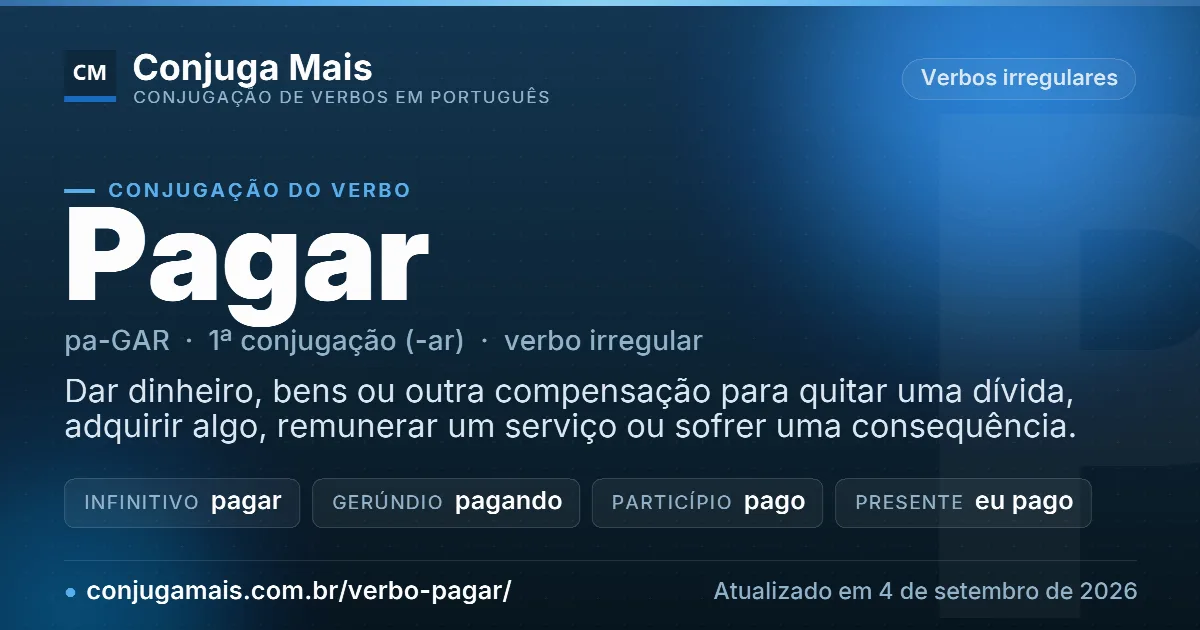 Cartão do verbo pagar com definição, formas principais, endereço da página e data de atualização.