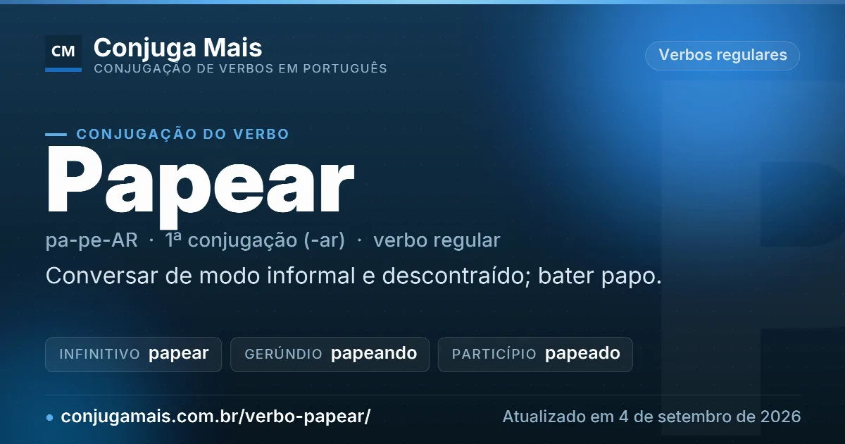 Cartão do verbo papear com definição, formas principais, endereço da página e data de atualização.