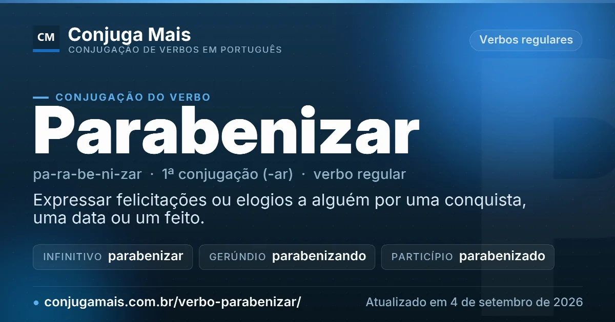 Cartão do verbo parabenizar com definição, formas principais, endereço da página e data de atualização.
