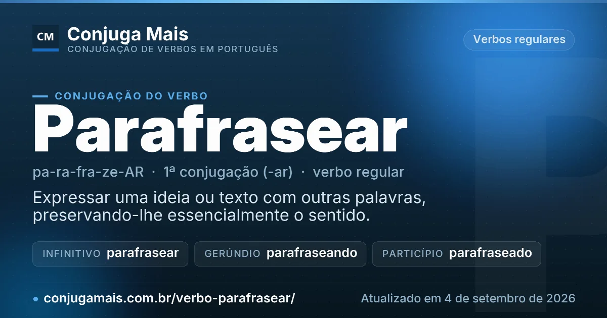 Cartão do verbo parafrasear com definição, formas principais, endereço da página e data de atualização.