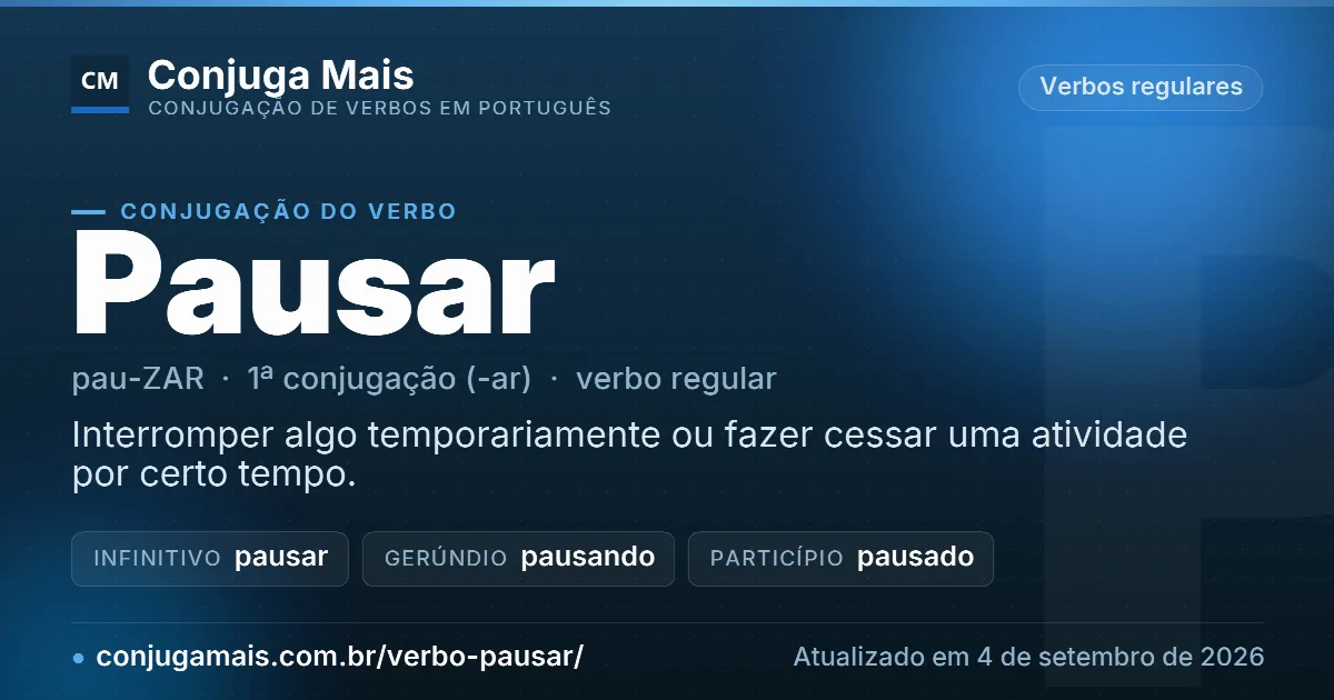 Cartão do verbo pausar com definição, formas principais, endereço da página e data de atualização.