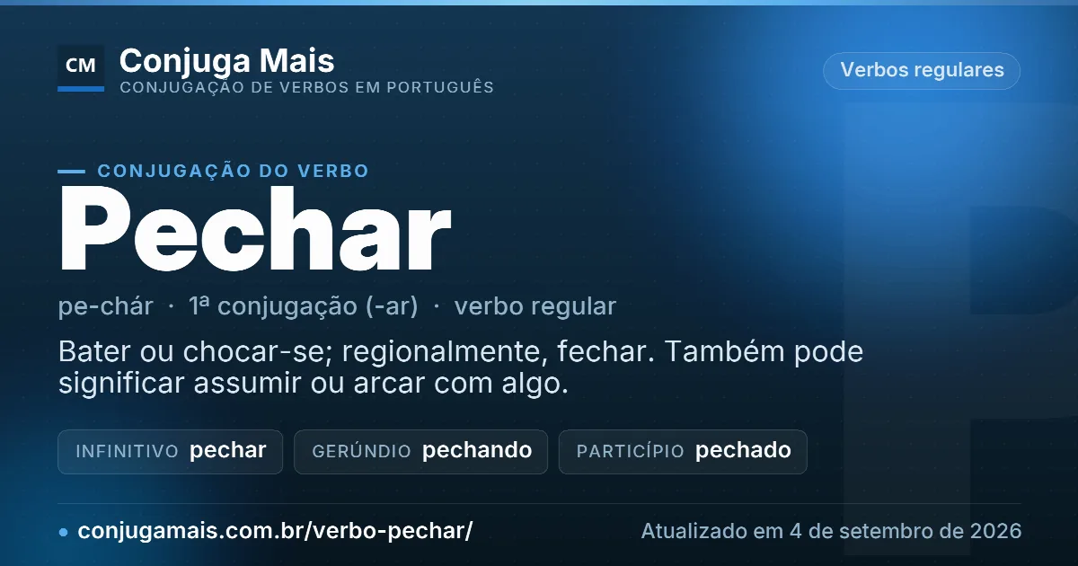 Cartão do verbo pechar com definição, formas principais, endereço da página e data de atualização.