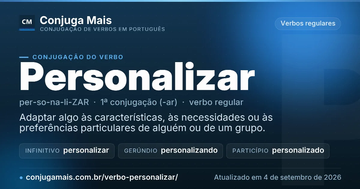 Cartão do verbo personalizar com definição, formas principais, endereço da página e data de atualização.