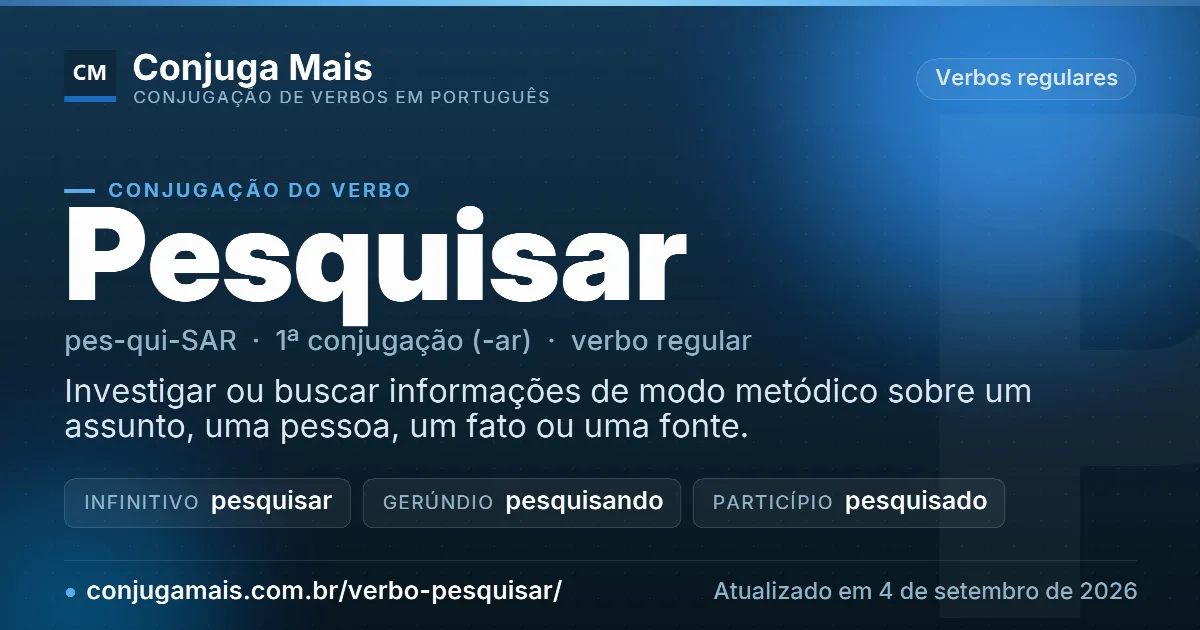 Cartão do verbo pesquisar com definição, formas principais, endereço da página e data de atualização.
