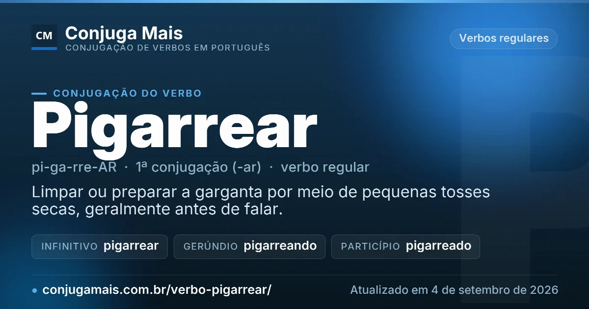 Cartão do verbo pigarrear com definição, formas principais, endereço da página e data de atualização.