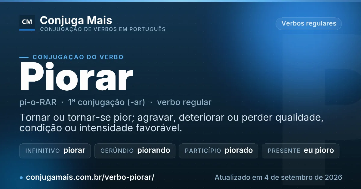 Cartão do verbo piorar com definição, formas principais, endereço da página e data de atualização.