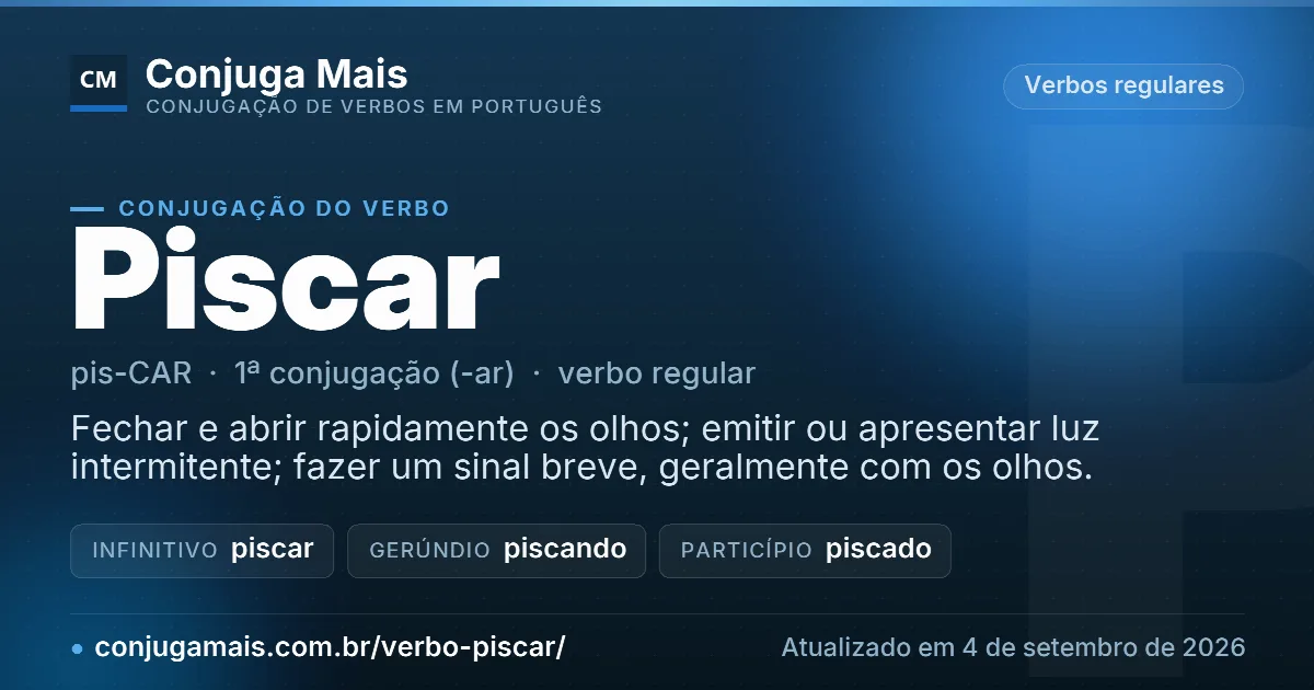 Cartão do verbo piscar com definição, formas principais, endereço da página e data de atualização.