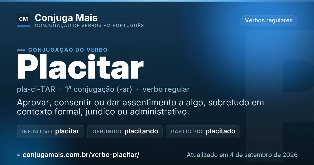 Cartão do verbo placitar com definição, formas principais, endereço da página e data de atualização.