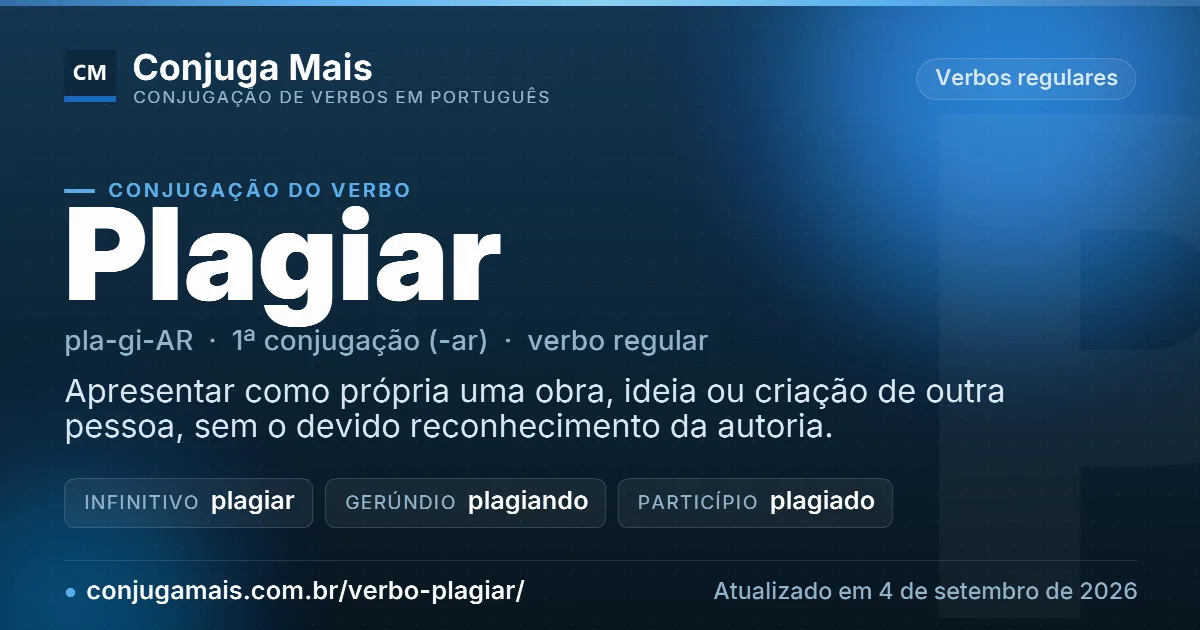 Cartão do verbo plagiar com definição, formas principais, endereço da página e data de atualização.
