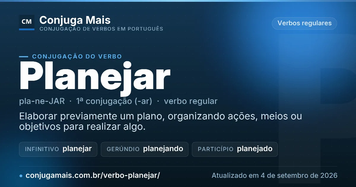 Cartão do verbo planejar com definição, formas principais, endereço da página e data de atualização.