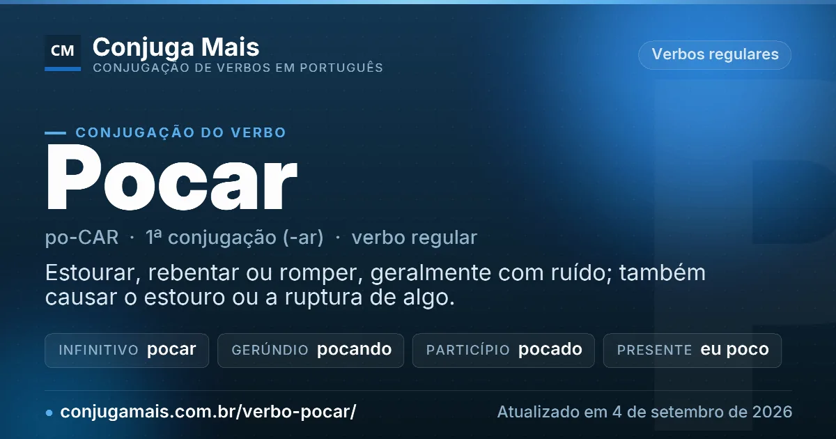 Cartão do verbo pocar com definição, formas principais, endereço da página e data de atualização.