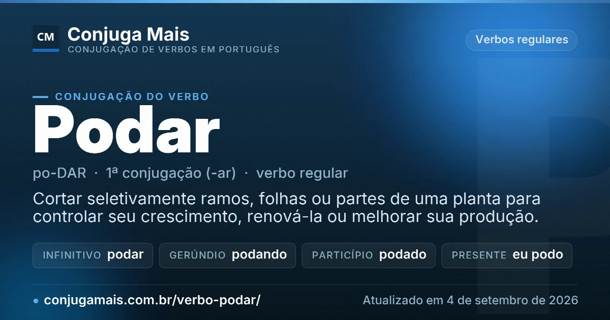 Cartão do verbo podar com definição, formas principais, endereço da página e data de atualização.