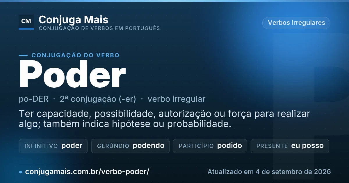 Cartão do verbo poder com definição, formas principais, endereço da página e data de atualização.