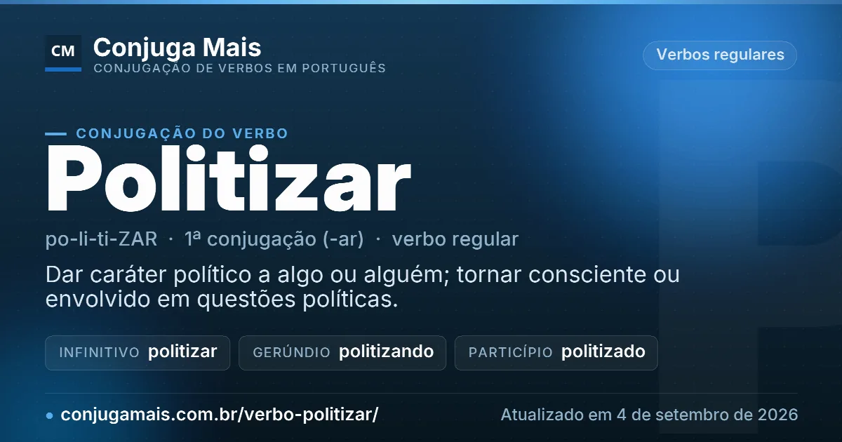 Cartão do verbo politizar com definição, formas principais, endereço da página e data de atualização.