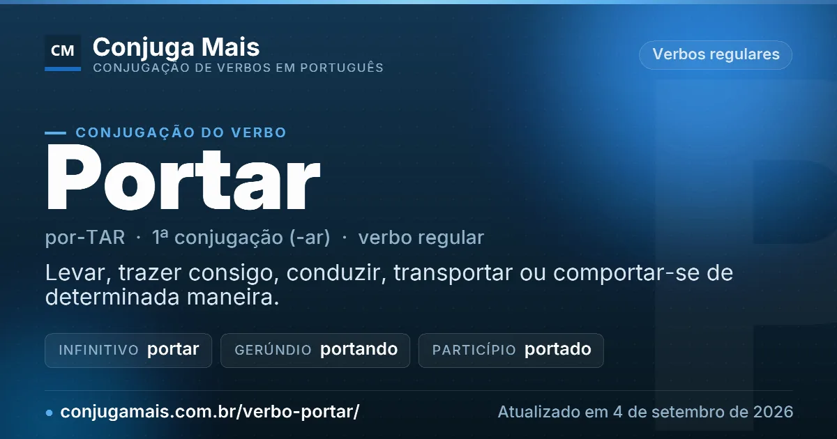 Cartão do verbo portar com definição, formas principais, endereço da página e data de atualização.