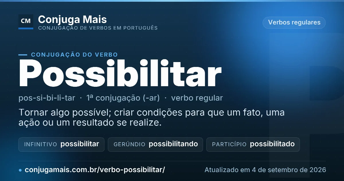 Cartão do verbo possibilitar com definição, formas principais, endereço da página e data de atualização.