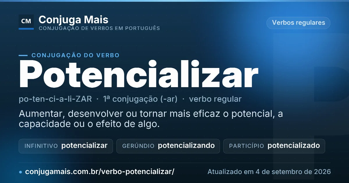 Cartão do verbo potencializar com definição, formas principais, endereço da página e data de atualização.