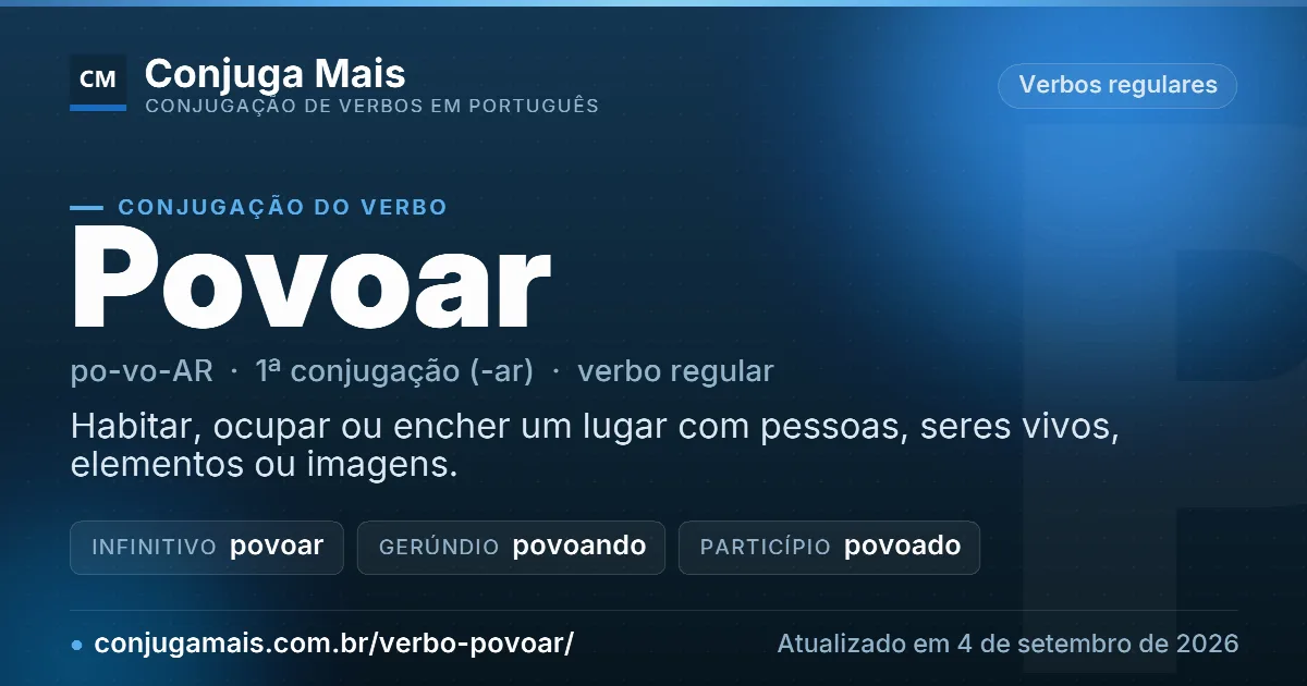 Cartão do verbo povoar com definição, formas principais, endereço da página e data de atualização.