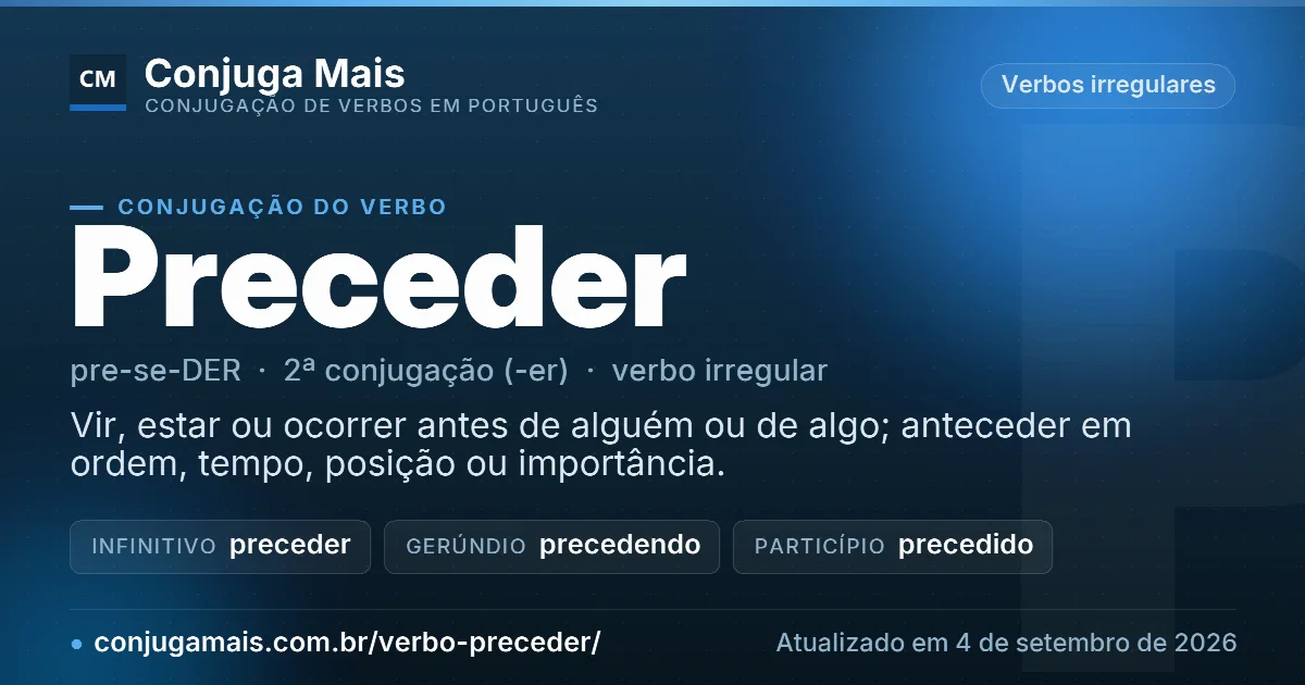 Cartão do verbo preceder com definição, formas principais, endereço da página e data de atualização.