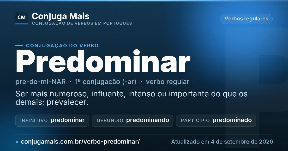 Cartão do verbo predominar com definição, formas principais, endereço da página e data de atualização.