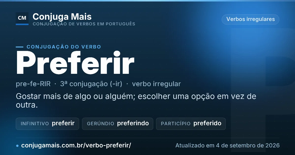 Cartão do verbo preferir com definição, formas principais, endereço da página e data de atualização.