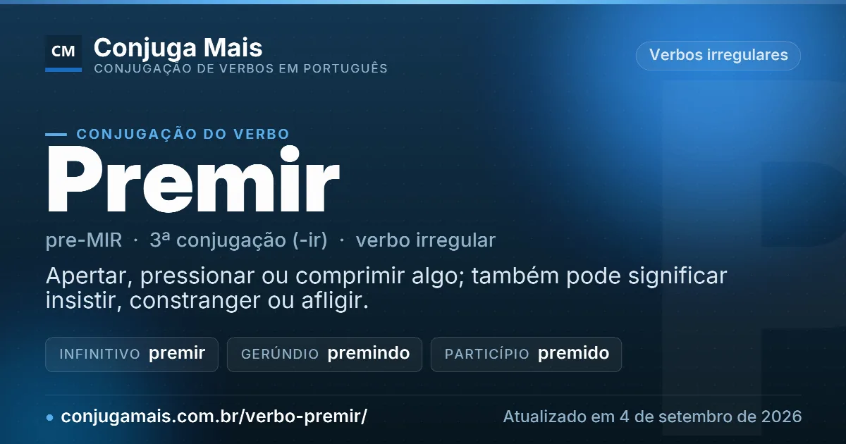 Cartão do verbo premir com definição, formas principais, endereço da página e data de atualização.