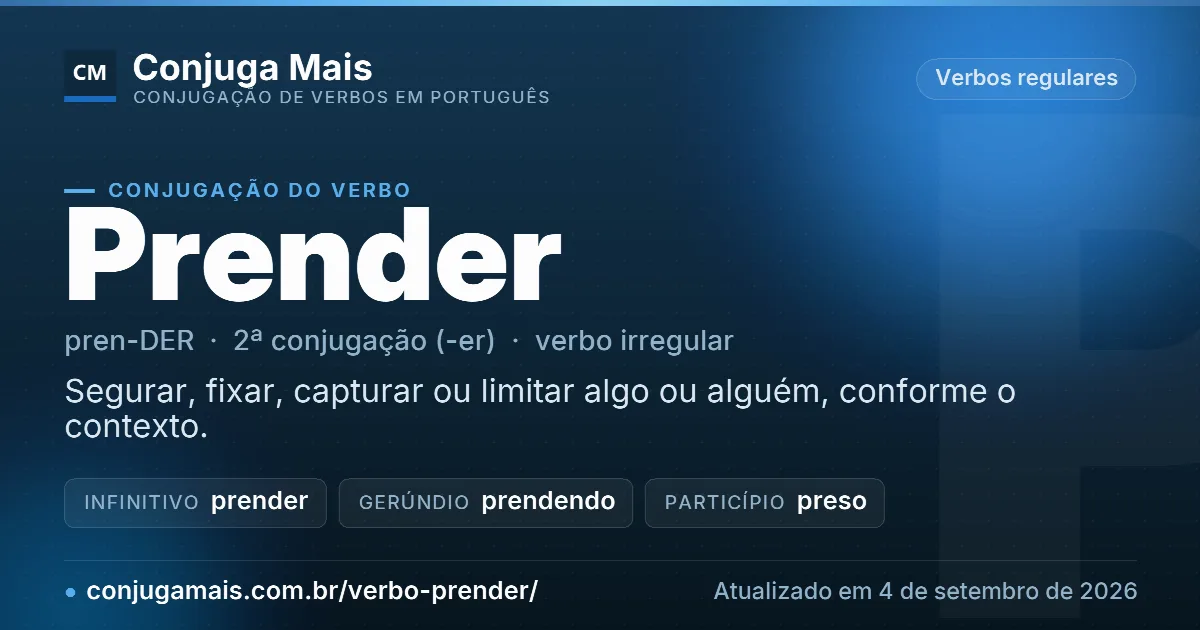 Cartão do verbo prender com definição, formas principais, endereço da página e data de atualização.