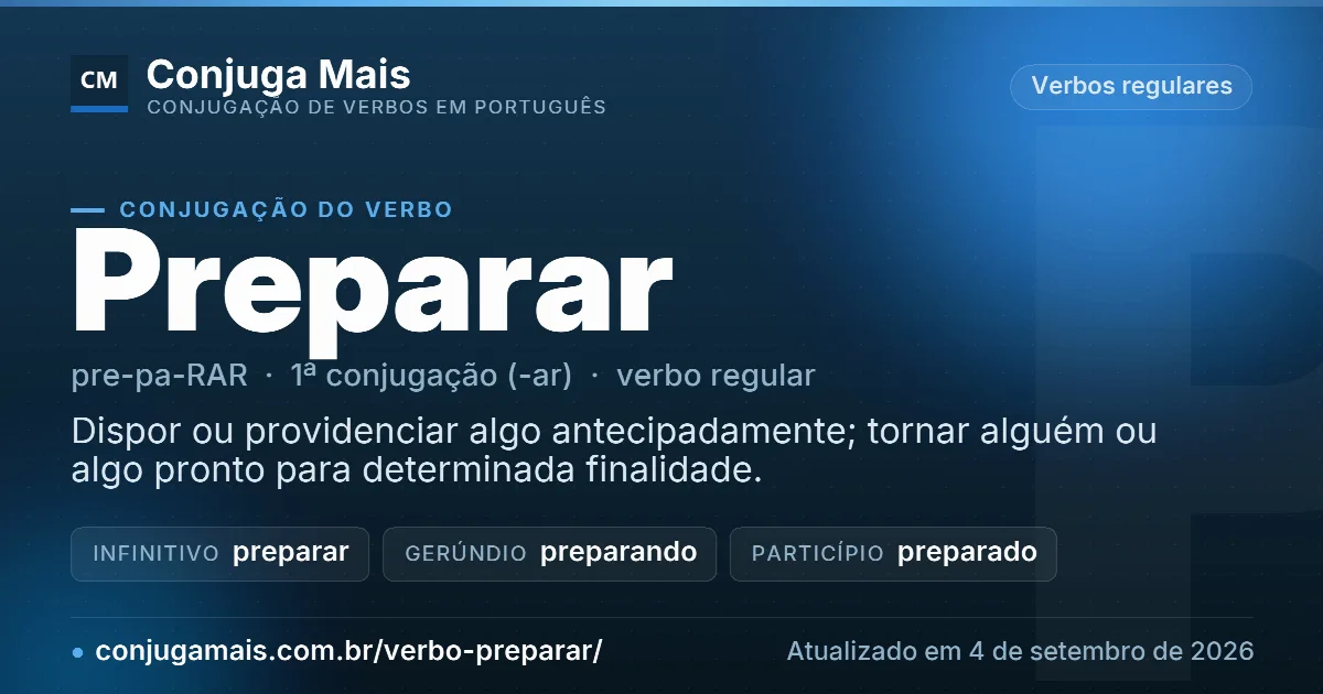 Cartão do verbo preparar com definição, formas principais, endereço da página e data de atualização.