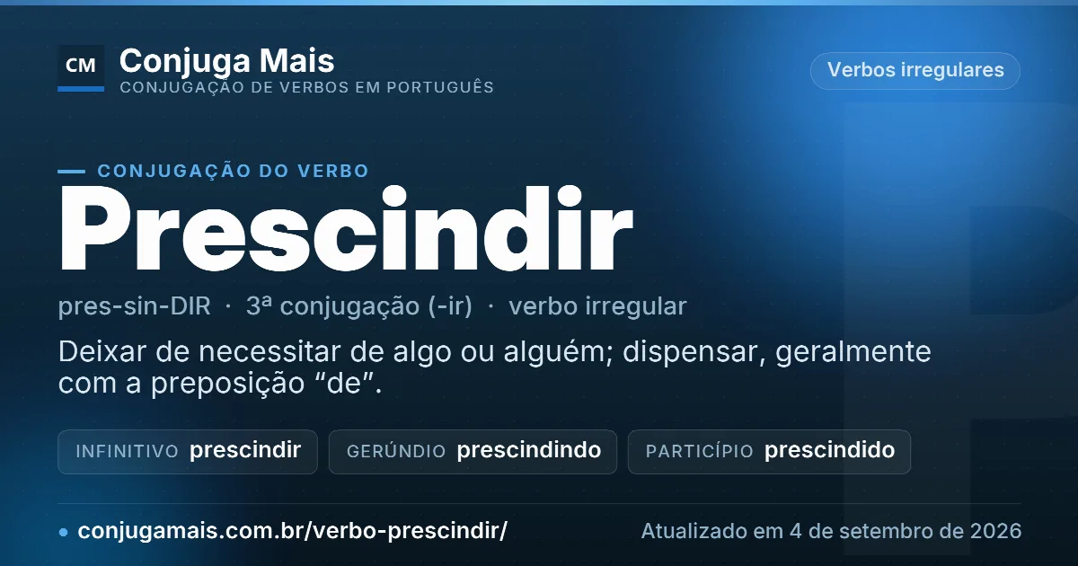 Cartão do verbo prescindir com definição, formas principais, endereço da página e data de atualização.
