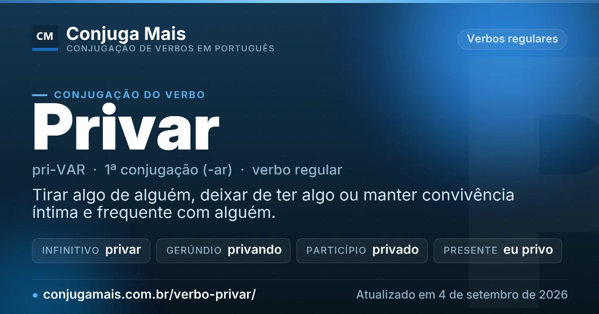 Cartão do verbo privar com definição, formas principais, endereço da página e data de atualização.