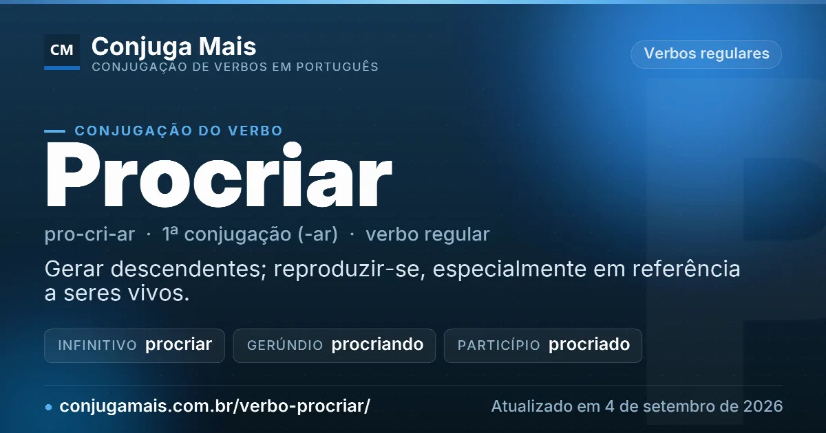Cartão do verbo procriar com definição, formas principais, endereço da página e data de atualização.