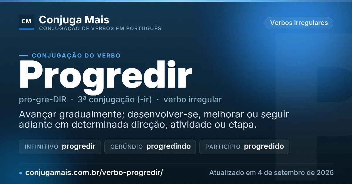 Cartão do verbo progredir com definição, formas principais, endereço da página e data de atualização.