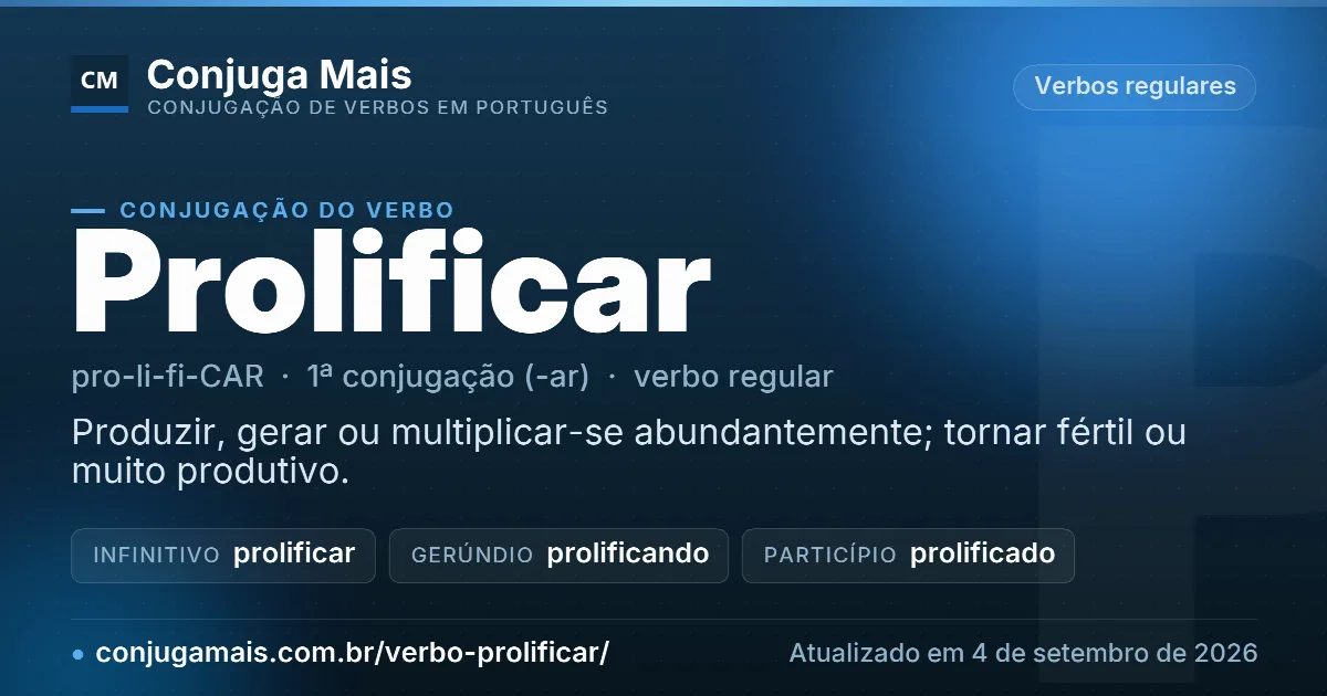 Cartão do verbo prolificar com definição, formas principais, endereço da página e data de atualização.