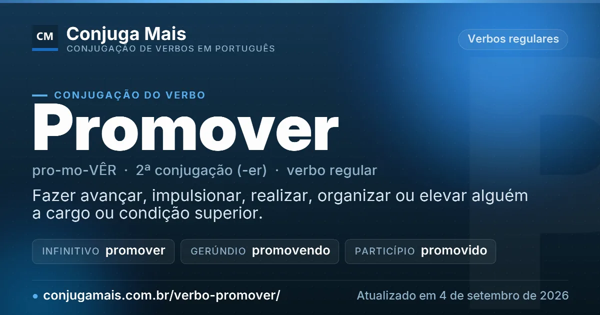 Cartão do verbo promover com definição, formas principais, endereço da página e data de atualização.