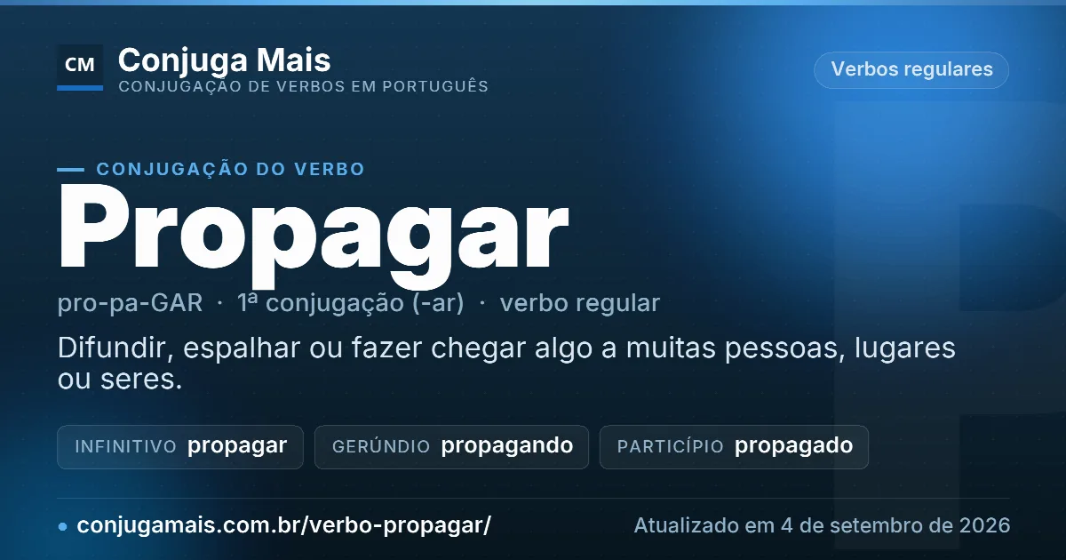 Cartão do verbo propagar com definição, formas principais, endereço da página e data de atualização.