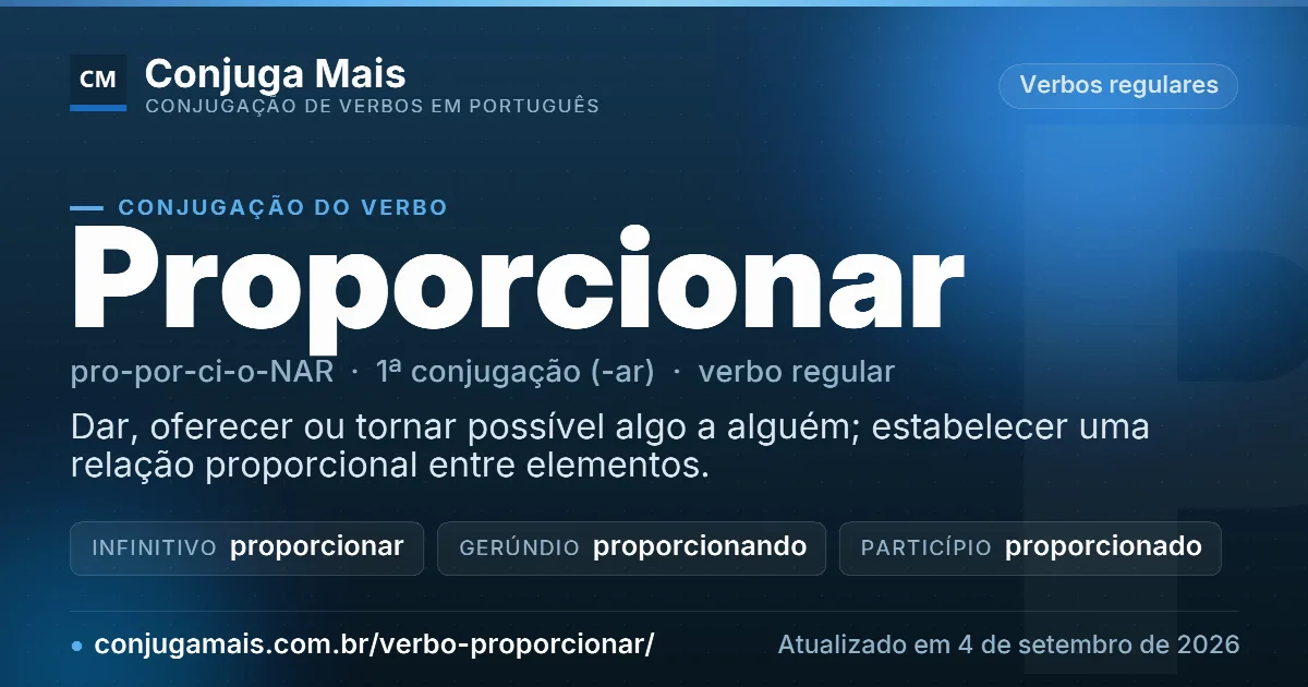 Cartão do verbo proporcionar com definição, formas principais, endereço da página e data de atualização.