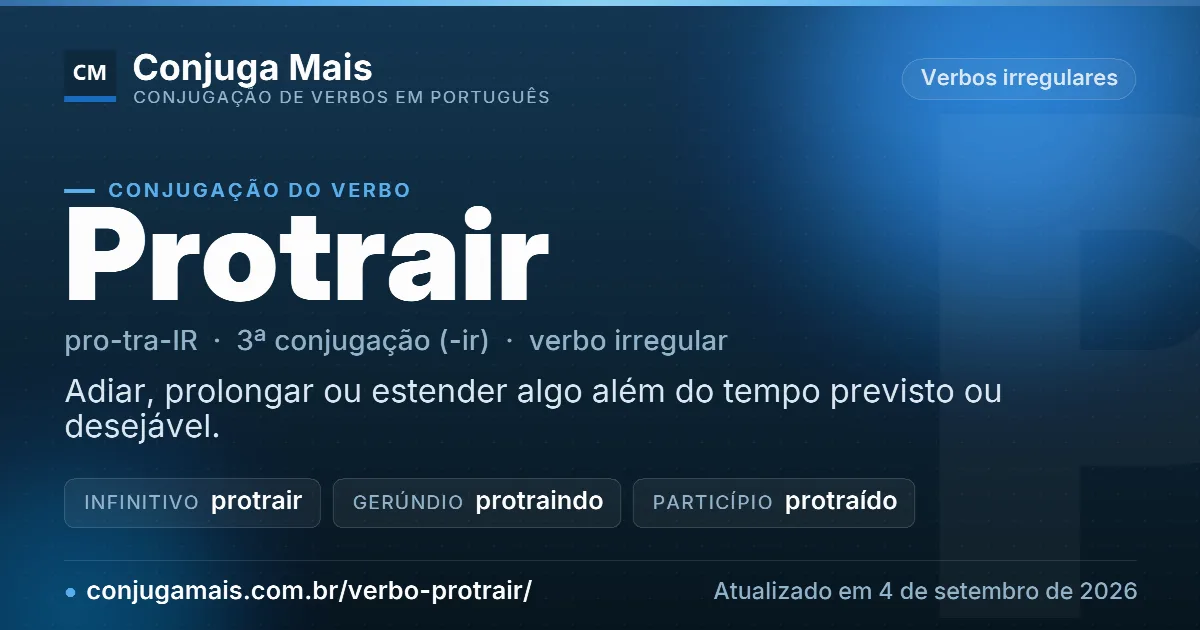 Cartão do verbo protrair com definição, formas principais, endereço da página e data de atualização.