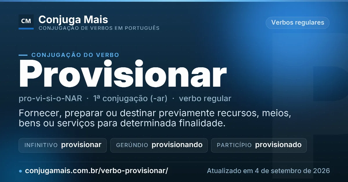 Cartão do verbo provisionar com definição, formas principais, endereço da página e data de atualização.