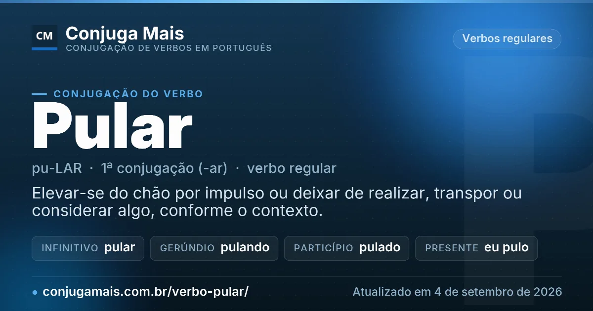 Cartão do verbo pular com definição, formas principais, endereço da página e data de atualização.
