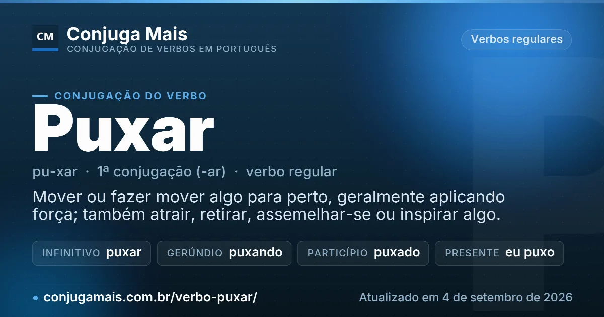 Cartão do verbo puxar com definição, formas principais, endereço da página e data de atualização.