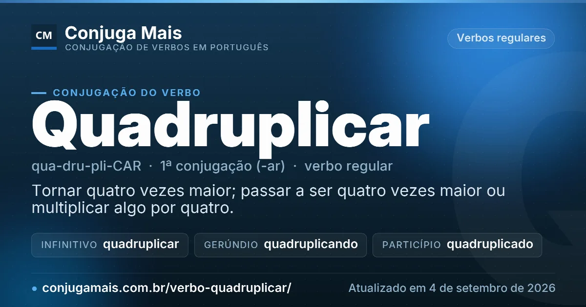 Cartão do verbo quadruplicar com definição, formas principais, endereço da página e data de atualização.